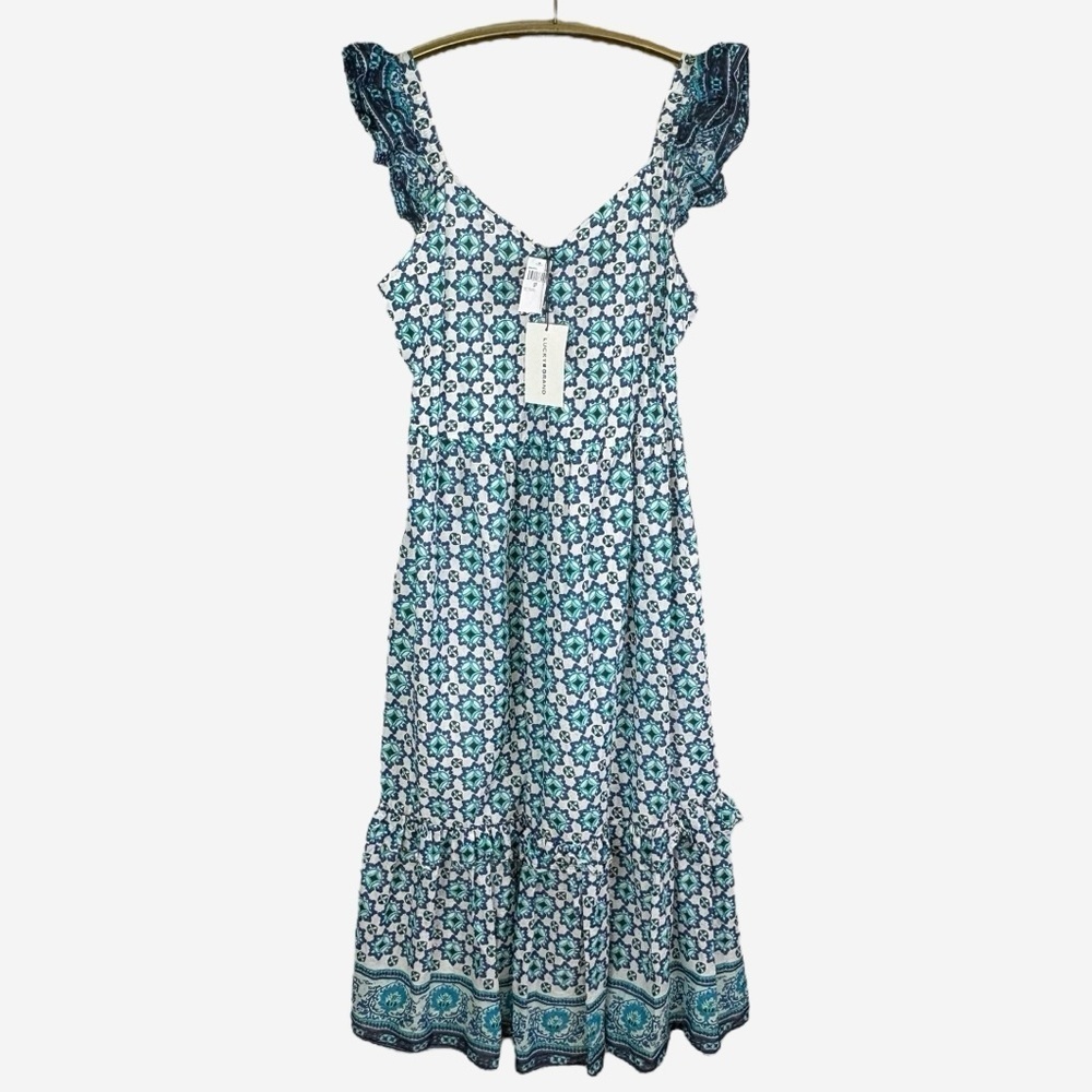 NEW Lucky Brand Ruffle Tiered Maxi Dress Floral Geo Print Cotton Size S Boho